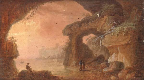 A coastal landscape at sunset,with travellers walking along a path, unknow artist